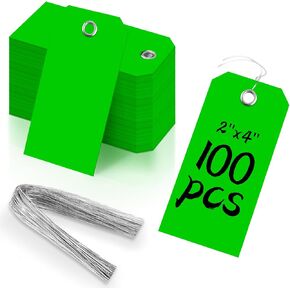 100 Pieces 2x4 inch 10mil Green Plastic Shipping Tags with Wires Heavy Duty Hang Tags with String Waterproof Labeling Tags with Reinforced for Gift Luggage Garage Inventory