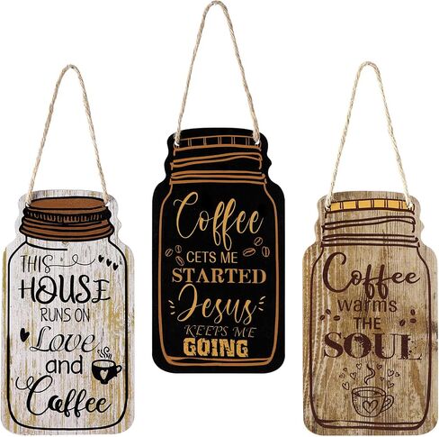 Jetec 3 Pcs Coffee Bar Decor Sign Mason Jar Wall Hanging Plaque Farmhouse Kitchen Decor Wooden Coffee Decor Sign for Kitchen Home Living Room Wall Decorations in Saudi Arabia