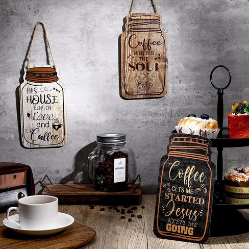 Jetec 3 Pcs Coffee Bar Decor Sign Mason Jar Wall Hanging Plaque Farmhouse Kitchen Decor Wooden Coffee Decor Sign for Kitchen Home Living Room Wall Decorations in Saudi Arabia
