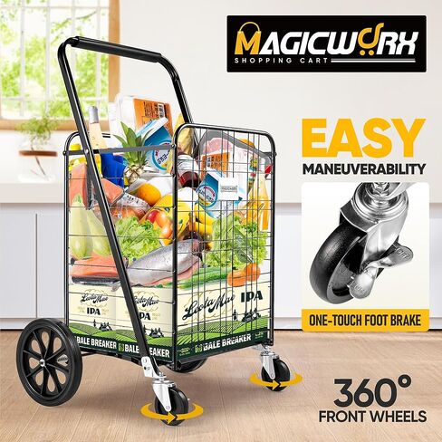Shopping Cart, 300lbs Jumbo Folding Shopping Cart with Waterproof Liner, Foldable Grocery Cart on Wheels with 360°Rolling Swivel Wheels Parking Brake Utility Cart in Kuwait