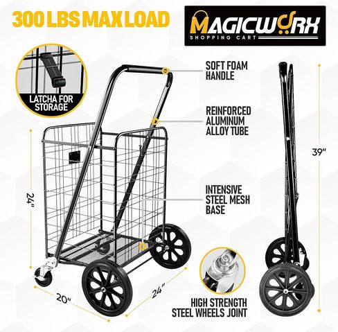 Shopping Cart, 300lbs Jumbo Folding Shopping Cart with Waterproof Liner, Foldable Grocery Cart on Wheels with 360°Rolling Swivel Wheels Parking Brake Utility Cart in Kuwait