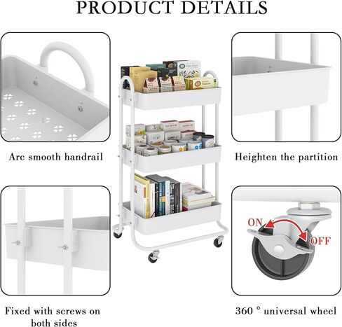 عربة تخزين دوارة من sywhitta ذات 3 طبقات بمقبض، عربة تخزين متعددة الوظائف للمطبخ والحمام وغرفة المعيشة والمكتب باللون الأبيض in Kuwait