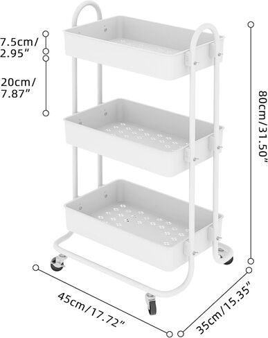 عربة تخزين دوارة من sywhitta ذات 3 طبقات بمقبض، عربة تخزين متعددة الوظائف للمطبخ والحمام وغرفة المعيشة والمكتب باللون الأبيض in Kuwait