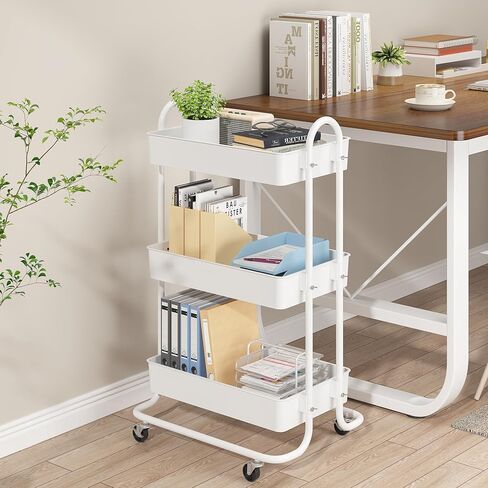 عربة تخزين دوارة من sywhitta ذات 3 طبقات بمقبض، عربة تخزين متعددة الوظائف للمطبخ والحمام وغرفة المعيشة والمكتب باللون الأبيض in Kuwait