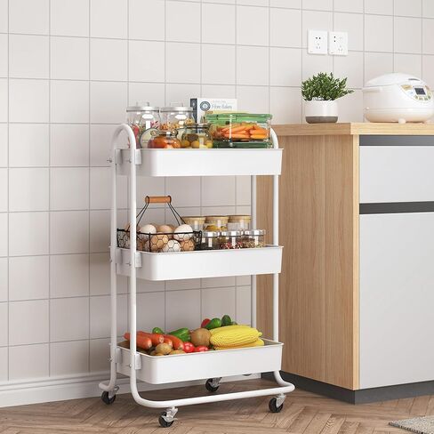 عربة تخزين دوارة من sywhitta ذات 3 طبقات بمقبض، عربة تخزين متعددة الوظائف للمطبخ والحمام وغرفة المعيشة والمكتب باللون الأبيض in Kuwait