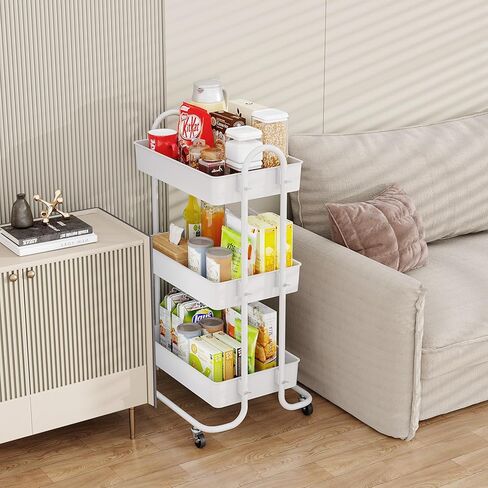 عربة تخزين دوارة من sywhitta ذات 3 طبقات بمقبض، عربة تخزين متعددة الوظائف للمطبخ والحمام وغرفة المعيشة والمكتب باللون الأبيض in Kuwait