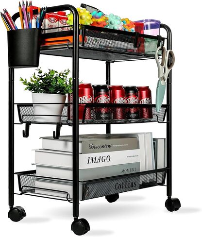 3 Tier All-Metal Rolling Cart, Trolley Craft Cart with Locking Wheels, Easy-Carry and Assembly Mesh Trolley Cart with 1 Small Baskets and 4 Hooks for Bathroom Kitchen Office Balcony Living Room in Kuwait