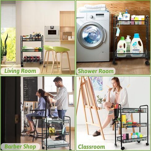 3 Tier All-Metal Rolling Cart, Trolley Craft Cart with Locking Wheels, Easy-Carry and Assembly Mesh Trolley Cart with 1 Small Baskets and 4 Hooks for Bathroom Kitchen Office Balcony Living Room in Kuwait