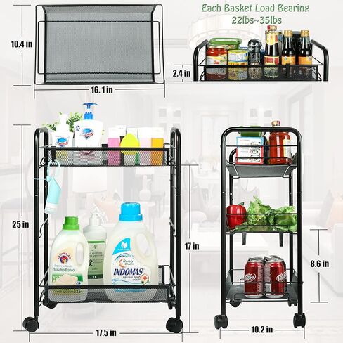 3 Tier All-Metal Rolling Cart, Trolley Craft Cart with Locking Wheels, Easy-Carry and Assembly Mesh Trolley Cart with 1 Small Baskets and 4 Hooks for Bathroom Kitchen Office Balcony Living Room in Kuwait