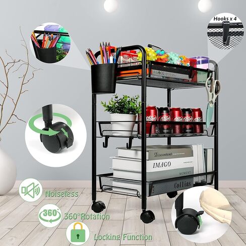 3 Tier All-Metal Rolling Cart, Trolley Craft Cart with Locking Wheels, Easy-Carry and Assembly Mesh Trolley Cart with 1 Small Baskets and 4 Hooks for Bathroom Kitchen Office Balcony Living Room in Kuwait