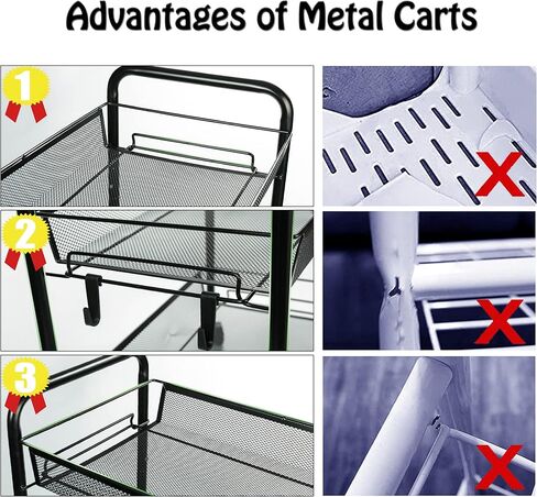 3 Tier All-Metal Rolling Cart, Trolley Craft Cart with Locking Wheels, Easy-Carry and Assembly Mesh Trolley Cart with 1 Small Baskets and 4 Hooks for Bathroom Kitchen Office Balcony Living Room in Kuwait