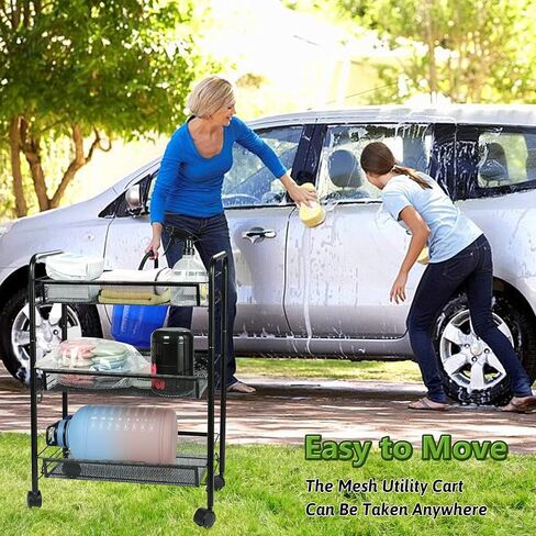 3 Tier All-Metal Rolling Cart, Trolley Craft Cart with Locking Wheels, Easy-Carry and Assembly Mesh Trolley Cart with 1 Small Baskets and 4 Hooks for Bathroom Kitchen Office Balcony Living Room in Kuwait