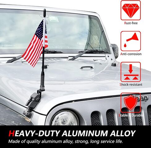 Flag with Pole and Mount Holder for 2007-2018 Jeep Wrangler JK Unlimited 2 Door 4 Door Accessories Hood Latch Mounting Whip Flag Bracket 360° Adjustable Aluminum Alloy Black in Kuwait