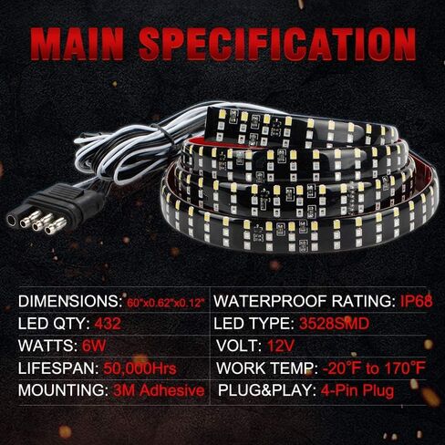 شريط ضوء الباب الخلفي 60 بوصة، صف ثلاثي 432 أضواء شريط LED للسيارات 5 وظائف تشغيل، فرامل، عكس، إشارة انعطاف كهرماني متتابعة، أضواء وامضة مزدوجة، بدون تثبيت مثقاب IP67 مقاوم للماء in Kuwait