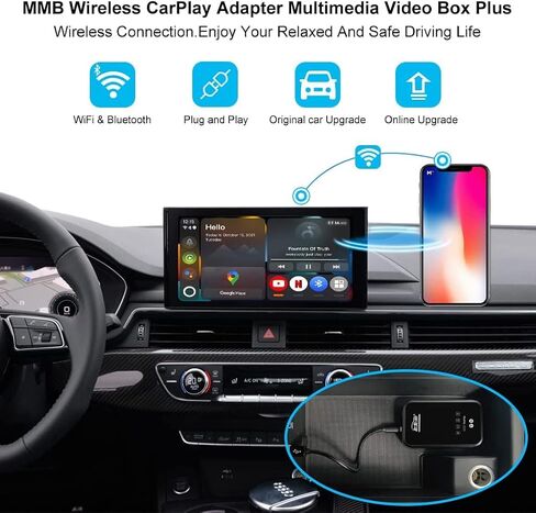 MMB CarPlay Ai Box Plus صندوق فيديو الوسائط المتعددة للسيارات مع Carplay OEM، Carplay اللاسلكي ونظام Android 11، YouTube Netflix Google Play، رابط مرآة الشاشة المقسمة، التوصيل والتشغيل in Kuwait