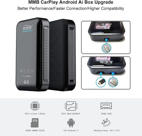 MMB CarPlay Ai Box Plus صندوق فيديو الوسائط المتعددة للسيارات مع Carplay OEM، Carplay اللاسلكي ونظام Android 11، YouTube Netflix Google Play، رابط مرآة الشاشة المقسمة، التوصيل والتشغيل in Kuwait