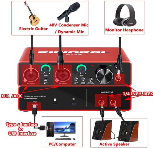 واجهة صوت USB مع مضخم صوت للميكروفون XLR / واجهة صوت جاك 1/4 بوصة + طاقة فانتوم 48 فولت 24 بت/192 كيلو هرتز للهواتف الذكية والكمبيوتر اللوحي وموسيقى تسجيل الميكروفون الديناميكي وبث البث in Kuwait