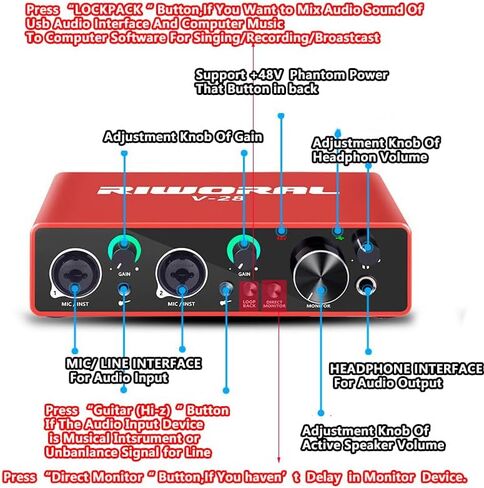 واجهة صوت USB مع مضخم صوت للميكروفون XLR / واجهة صوت جاك 1/4 بوصة + طاقة فانتوم 48 فولت 24 بت/192 كيلو هرتز للهواتف الذكية والكمبيوتر اللوحي وموسيقى تسجيل الميكروفون الديناميكي وبث البث in Kuwait