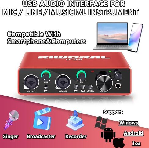 واجهة صوت USB مع مضخم صوت للميكروفون XLR / واجهة صوت جاك 1/4 بوصة + طاقة فانتوم 48 فولت 24 بت/192 كيلو هرتز للهواتف الذكية والكمبيوتر اللوحي وموسيقى تسجيل الميكروفون الديناميكي وبث البث in Kuwait