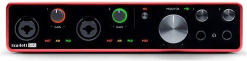 واجهة صوت USB Focusrite Scarlett 8i6 (الجيل الثالث) مع الحزمة الأولى من Pro Tools مع سماعات رأس شاشة استوديو مغلقة من الخلف، وكابلات XLR (25 قدمًا)، وكابلات TRS مقاس 1/4 بوصة (6 قطع) in Kuwait