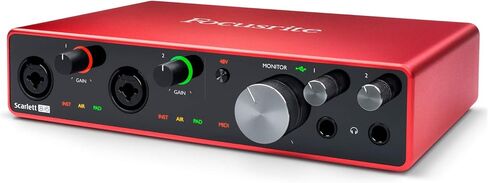 واجهة صوت USB Focusrite Scarlett 8i6 (الجيل الثالث) مع الحزمة الأولى من Pro Tools مع سماعات رأس شاشة استوديو مغلقة من الخلف، وكابلات XLR (25 قدمًا)، وكابلات TRS مقاس 1/4 بوصة (6 قطع) in Kuwait