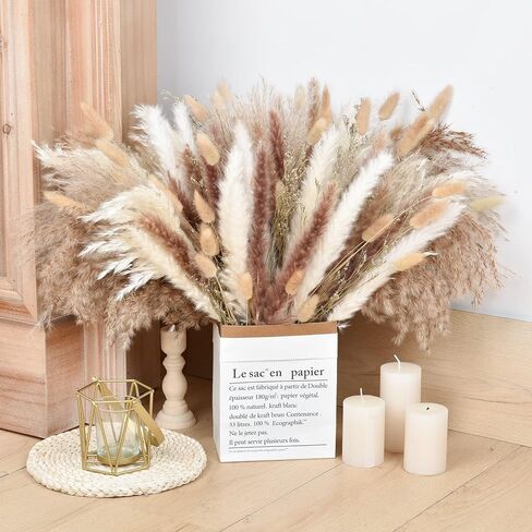 DearHouse 130 قطعة من باقة عشب بامباس الطبيعية المجففة، باقة بوهو لديكور المنزل مقاس 17 بوصة، زهور فراغميت المجففة، باقة لترتيبات زهور الزفاف وديكورات المنزل in Kuwait