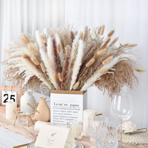 DearHouse 130 قطعة من باقة عشب بامباس الطبيعية المجففة، باقة بوهو لديكور المنزل مقاس 17 بوصة، زهور فراغميت المجففة، باقة لترتيبات زهور الزفاف وديكورات المنزل in Kuwait