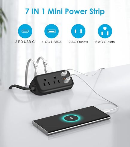 شريط طاقة USB-C بقدرة 45 وات، سلك تمديد مسطح بطول 5 أقدام، منافذ شحن سريعة PD & QC3.0، موسع 4 منافذ، لا يوجد واقي من زيادة التيار في غرفة النوم الأساسية للسفر على متن السفن السياحية، أبيض in Saudi Arabia