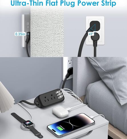 شريط طاقة USB-C بقدرة 45 وات، سلك تمديد مسطح بطول 5 أقدام، منافذ شحن سريعة PD & QC3.0، موسع 4 منافذ، لا يوجد واقي من زيادة التيار في غرفة النوم الأساسية للسفر على متن السفن السياحية، أبيض in Saudi Arabia