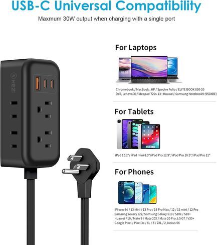 شريط طاقة USB-C بقدرة 45 وات، سلك تمديد مسطح بطول 5 أقدام، منافذ شحن سريعة PD & QC3.0، موسع 4 منافذ، لا يوجد واقي من زيادة التيار في غرفة النوم الأساسية للسفر على متن السفن السياحية، أبيض in Saudi Arabia