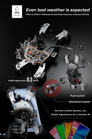 حامل هاتف للدراجات النارية مع شاحن لاسلكي Qi USB -C حامل هاتف محمول بمقود مقاوم للماء لإضاءة 4.7-6.9 تثبيت سريع Shuriken QI＆USB KDR-M22A من اليابان (أسود) in Kuwait