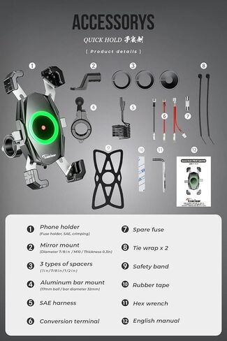 حامل هاتف للدراجات النارية مع شاحن لاسلكي Qi USB -C حامل هاتف محمول بمقود مقاوم للماء لإضاءة 4.7-6.9 تثبيت سريع Shuriken QI＆USB KDR-M22A من اليابان (أسود) in Kuwait
