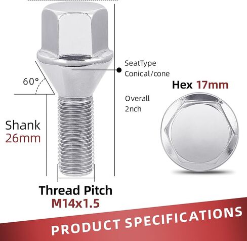 M12 x 1.25 Chrome Wheel Lug Bolts with 19mm Hex 26mm Shank Length, Conical Seat Lug Bolts Designed for Most Aftermarket Wheels, 20 PCS in Saudi Arabia