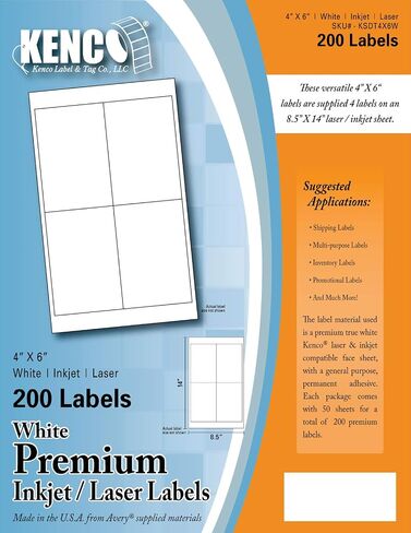 ملصقات Kenco Premium White Address Shipping UPC Laser/Inkjet مصنوعة في الولايات المتحدة الأمريكية (4 بوصة × 6 بوصة 200 ملصق) in Saudi Arabia