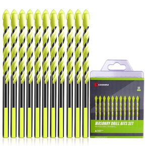 Masonry Drill Bit Set 11 Piece Chrome Plated with Industrial Strength Carbide Tips for Tile/Cement/Cinderblock/Cement/Brick/Glass/Plastic/Wood by CSOOM