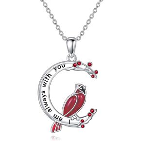 POPKIMI Red Cardinal Pendant Necklace S925 Sterling Silver Crystal Cardinal Jewelry Red Bird Memorial Red Cardinal Tree Pendant Jewelry Gift for Women Girls