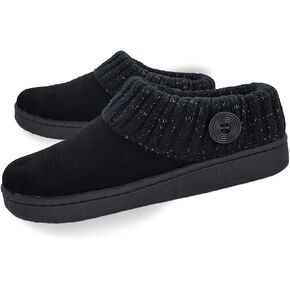 Clarks Womens Suede Leather Comfort Clog Knitted Collar Slipper - Plush Faux Fur Trim - Indoor Outdoor House Slippers For Women (Black/Black Gold 6M)
