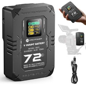 FirstPower Mini V Mount Battery – 400W Output, 5000mAh 72Wh 14.4V V Lock Battery Supports 100W PD USB-C Fast Charging for Camera Camcorder Monitor Video Light, 75Min Full Charge