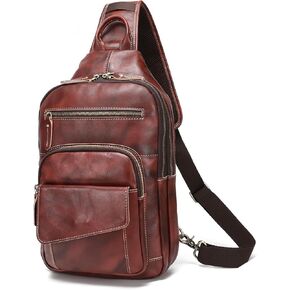 LANNSYNE Full Grain Leather Sling Bag For Men Fits 12.9" iPad, Vintage Crossbody Chest Daypack for Hiking