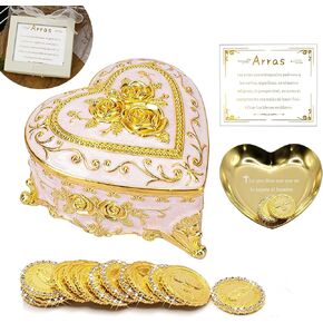Arras Para Boda Catolica, Wedding Coins Arras De Boda Set with 13 Virgen De Guadalupe Aras Coins and Decoracion Box for Ceremony. (Heart-Shaped)