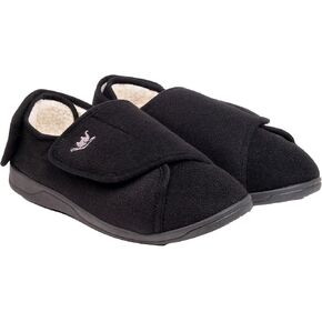 Women’s Memory Foam Diabetic Slippers, Extra Wide Adjustable House Shoes, Plush Fleece for Arthritis, Edema, Swollen Feet, Anti-Slip Rubber Soles, Machine Washable, Indoor Outdoor 11 Black/White