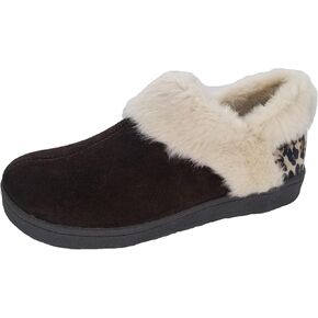 Clarks Womens Suede Leather Ankle Bootie Slipper JMH2034 - Plush Faux Fur Lined - Indoor Outdoor House Slippers For Women (8 M US, Brown/Brown Leopard)