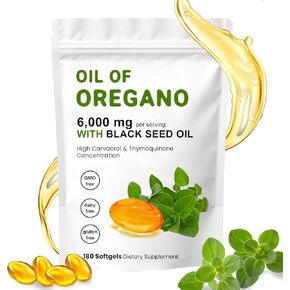 2 Pack Oil of Oregano Softgels, 2 in 1 6000mg Oil of Oregano with Black Seed Oil 200mg, Oil of Oregano with Black Seed Oil Supplement Capsules, Gluten Free