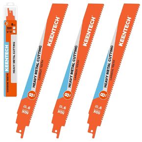 KEENTECH Carbide Sawzall Blades for Hard & Heavy Metal Cutting, 9 Inch 8 TPI, Heavy Duty Reciprocating Saw Blade with High Cutting Speed for Thick Metal, Cast Iron, Stainless Steel, 3 Pack