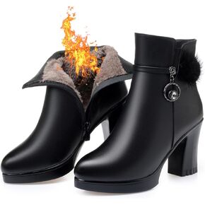 Women's Leather Platform Chunky Heel Ankle Boots with Rhinestone Belt Buckle Decor Fashion Pointed Toe Side Zipper High Block Heels Dress Boots
