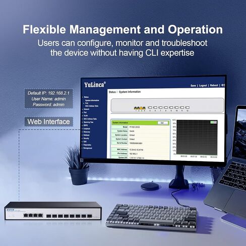 YuLinca 8 Port 10Gbps SFP+ Managed Switch, Support 1G/2.5G/10G SFP Module, 160Gbps Bandwidth, Desktop|Wallmount Metal Fanless Managed Fiber Switch in Saudi Arabia