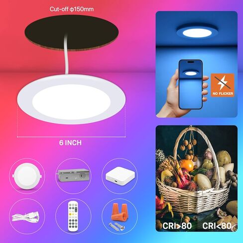 4Pack Smart Led Recessed Light 6Inch,RGB Ultra-Thin Canless Recessed Downlight,2.4GHz Wi-Fi Bluetooth Direct Connect,2700K-6500K,12W,1080LM,Work with App/Alexa/Google Assistant/Siri,Include 1 Gateway in Saudi Arabia