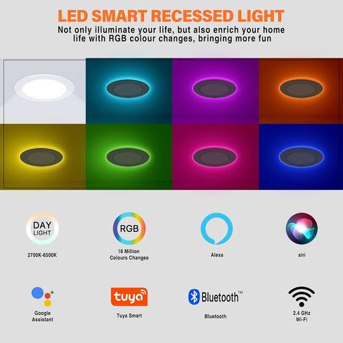 4Pack Smart Led Recessed Light 6Inch,RGB Ultra-Thin Canless Recessed Downlight,2.4GHz Wi-Fi Bluetooth Direct Connect,2700K-6500K,12W,1080LM,Work with App/Alexa/Google Assistant/Siri,Include 1 Gateway in Saudi Arabia