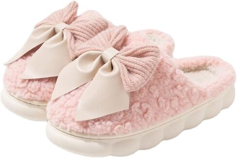 Fuzzy Bow Tie Slippers for Women Closed Back Fluffy House Shoes Winter Indoor Outdoor Slippers in Kuwait