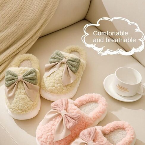 Fuzzy Bow Tie Slippers for Women Closed Back Fluffy House Shoes Winter Indoor Outdoor Slippers in Kuwait